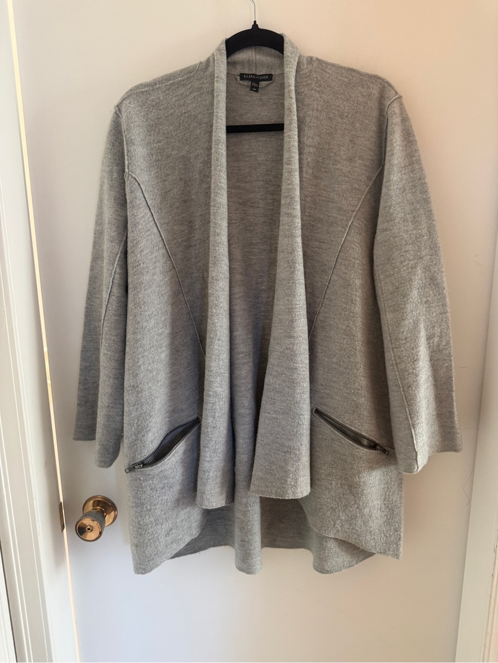 Eileen Fisher 100% Merino Wool Grey Long Cardigan Small Zip Pocket Minimalist